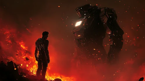 Cyberpunk inferno standoff with armored mech in molten debris.