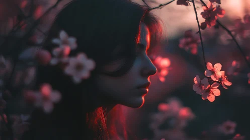Side-lit female profile in dusk-toned blossoms explores chiaroscuro