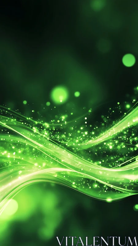 Luminous green energy waves stream across dark gradient field
