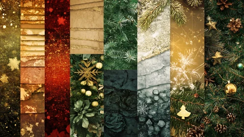 Layered festive textures with gold, greenery, paper and ice bands.