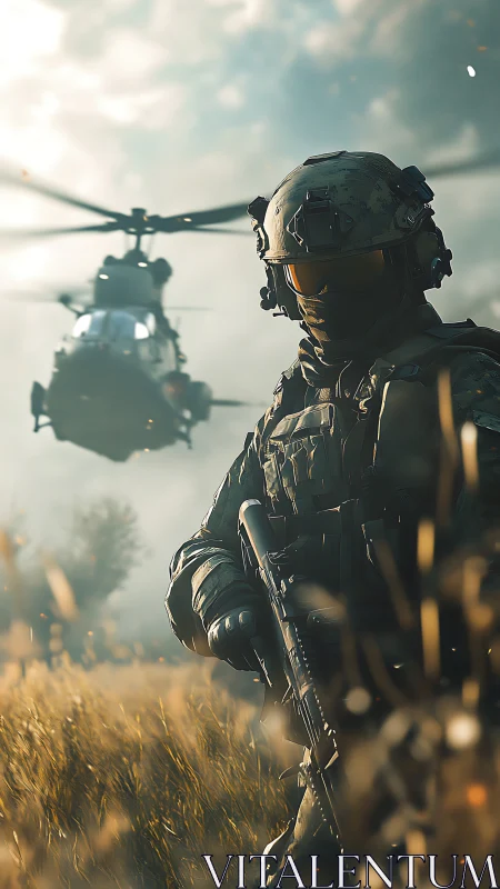 Tactical soldier advances under low helicopter dust light.