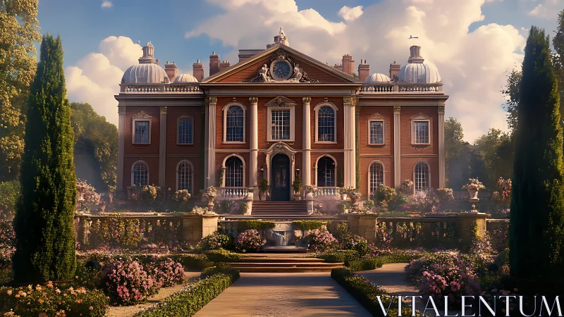 Sunlit baroque mansion rises over romantic rose gardens