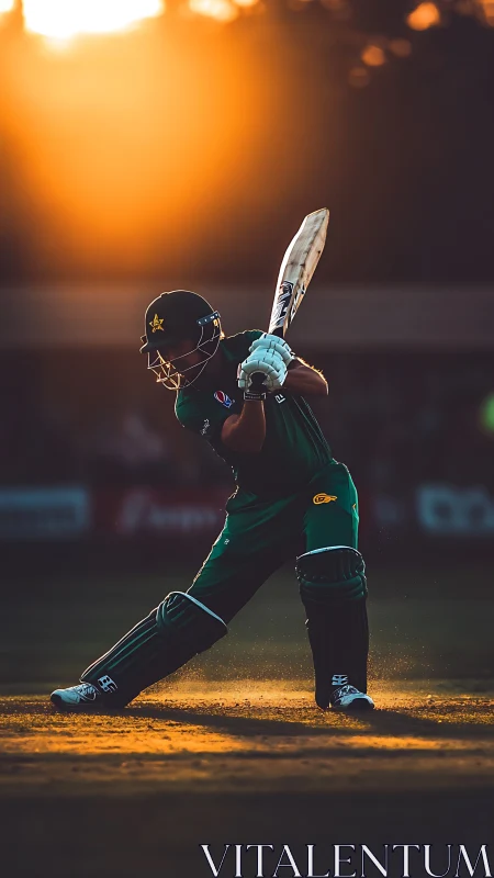 Cricketer drives the ball in dramatic sunset backlight.