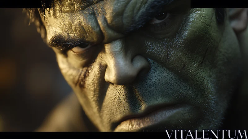 Intense green giant close-up rendered in dramatic 3D focus.