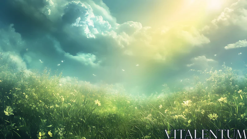 Sunlit wildflower meadow under dramatic cloudy sky.