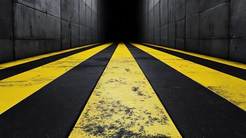 Bold yellow stripes lead into a mysterious industrial tunnel