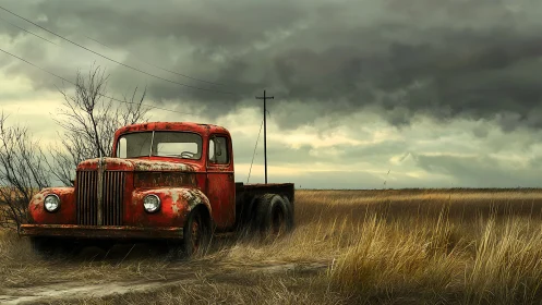 Rusty red truck under storm clouds in lonely grassland.