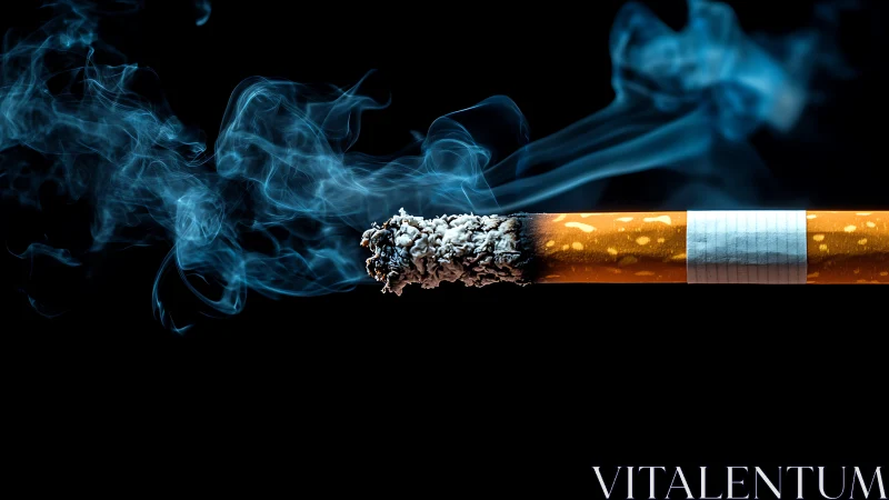 Curling blue smoke trails rise from a burning cigarette end