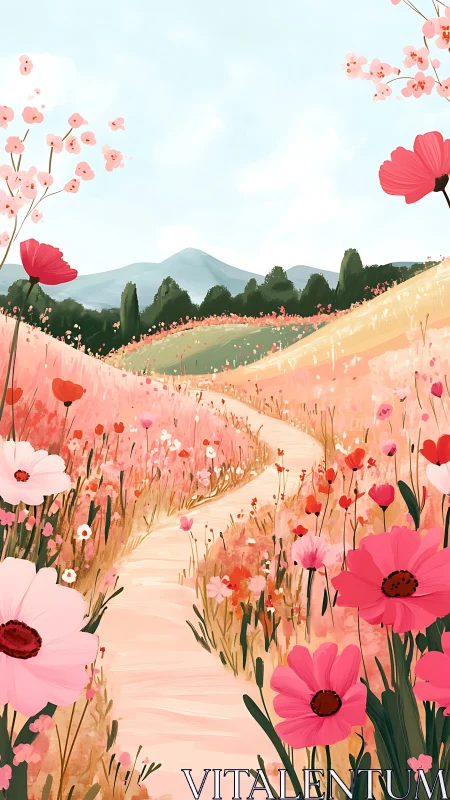 Winding dirt path passes through stylized pink flower meadow