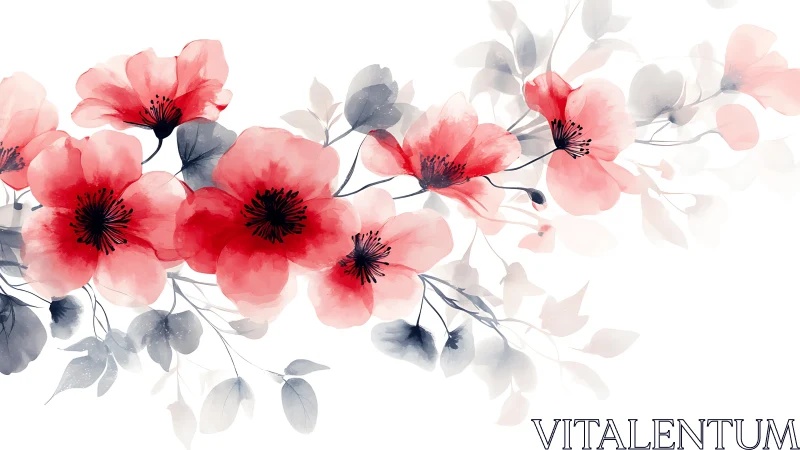 Watercolor Red Flowers with Blue-Gray Foliage Composition.