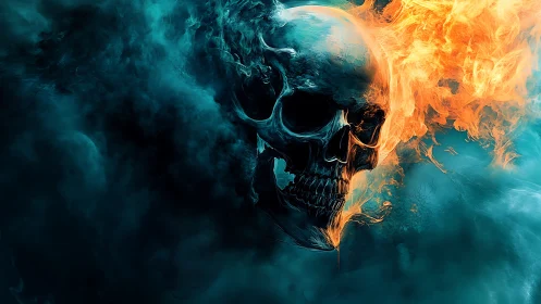 Incandescent flaming skull emerging through teal vapor clouds