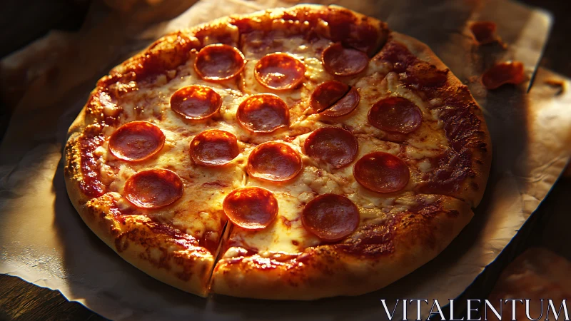 Golden pepperoni pizza glowing in cozy, warm light.