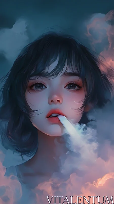 Digital portrait of girl exhaling vapor in dense colored fog.