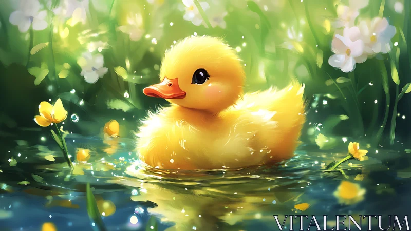 Cute yellow duckling floating in bright flower pond.