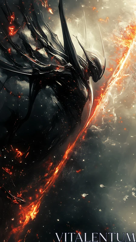 Obsidian void wraith rising through a river of cosmic fire.