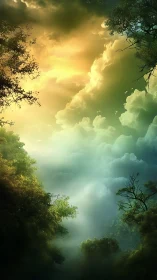 Sunlit forest clouds drifting into a dreamy green sky.