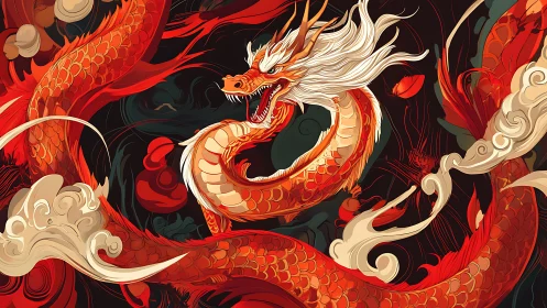 Fiery oriental dragon coils through storm of swirling flames.
