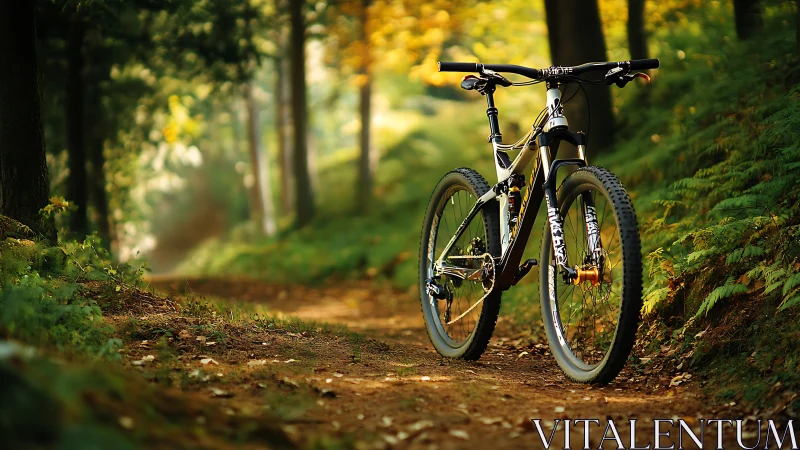 Mountain bike resting on forest trail at golden hour.