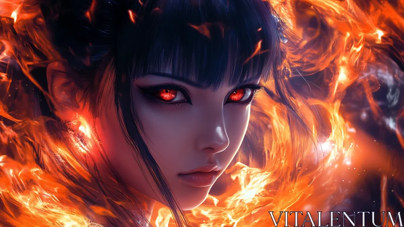 Fiery eyed female character stares forward amid swirling flames