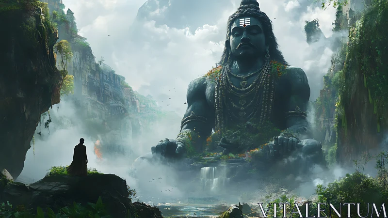 Colossal seated deity statue in misted jungle canyon.