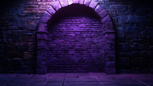 Violet-lit bricked archway forms sealed portal in dungeon wall