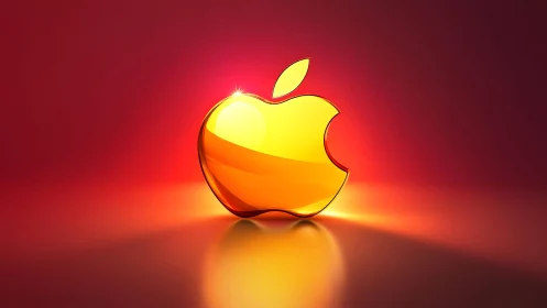 Shiny Golden Apple Logo on Vibrant Red Gradient Background.