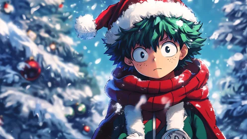 Anime boy in Santa attire stands before snowy bokeh trees