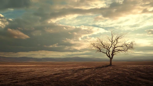 Lone Tree in Desert Landscape under Dramatic Cloudy Sky.
