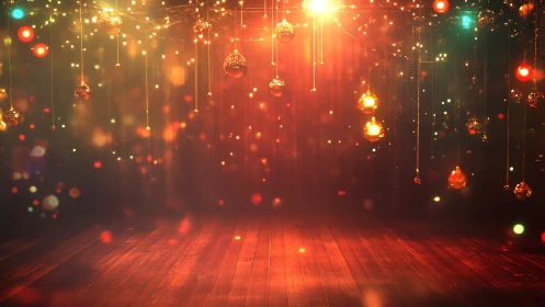 Festive wooden stage with suspended golden bokeh lights.