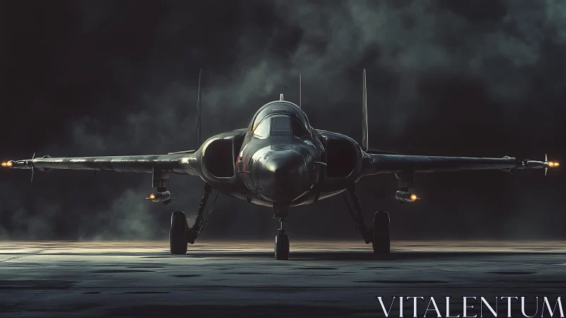 Stealth strike jet poised on runway under cinematic fog.