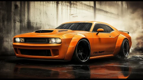 Orange widebody muscle car rendered in wet urban alley