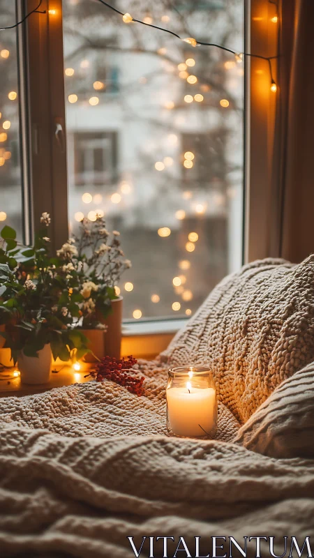 Cozy window seat with candle, knit blankets and lights.