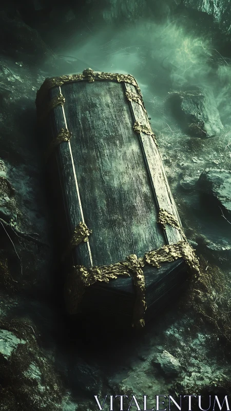Ancient coffin chest in eerie misty ravine environment.