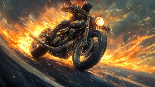 Flaming street racer surging through infernal nightstorm.