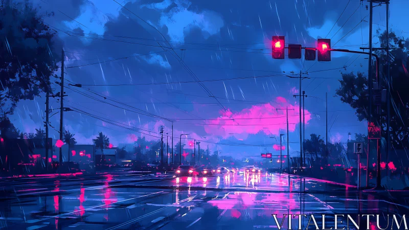 Neon city street glows under rainy twilight sky