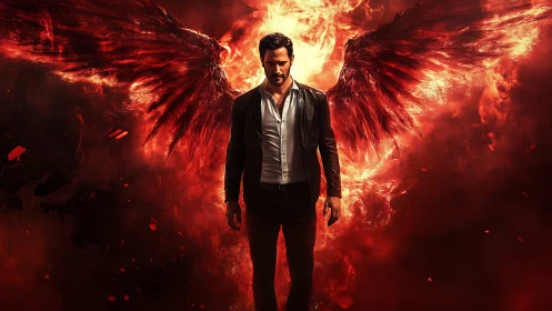 Dark angel with burning wings strides through infernal fire