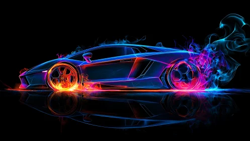 Neon line-rendered sports car silhouette is illustrated
