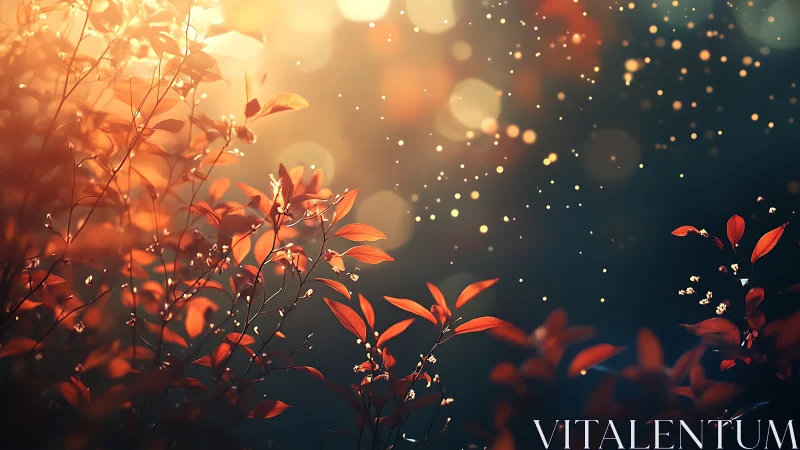 Autumn leaves glow under dreamy golden evening light.