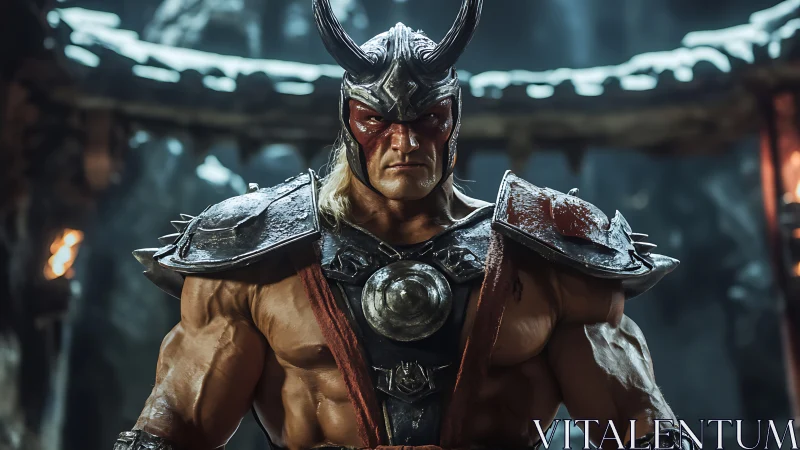 Battle-hardened horned warrior in torchlit stone arena.