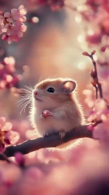 Gentle spring mouse gazes among dreamy pink blossoms