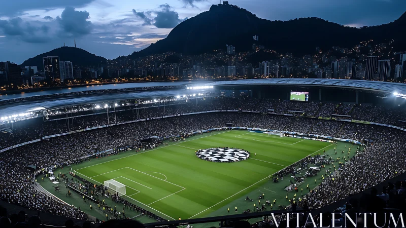 Floodlit football stadium captures panoramic evening atmosphere
