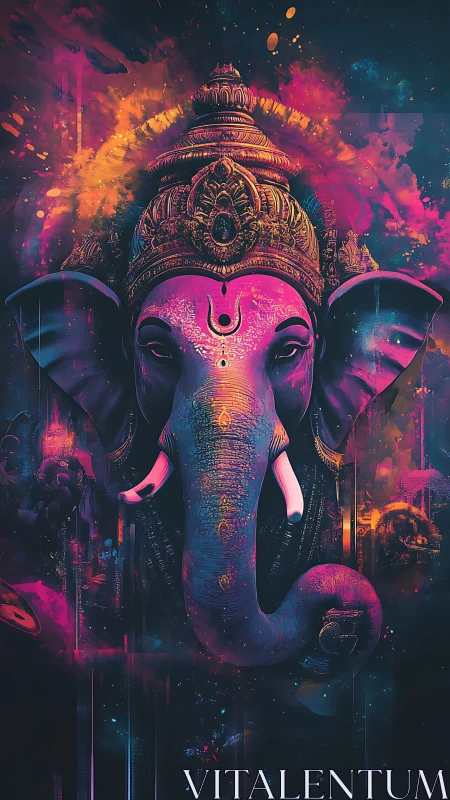 Neon deity portrait with ornate crown in cosmic space.