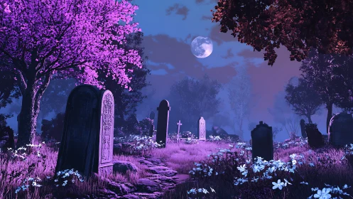 Moonlit graveyard in neon bloom and whispering shadows.