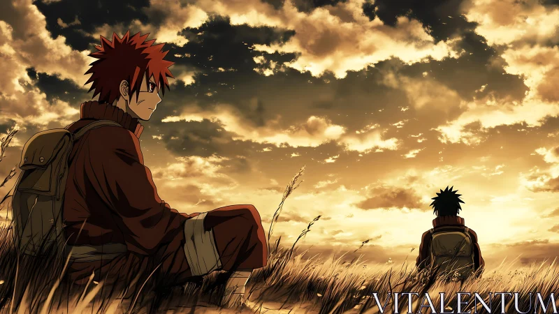 Two anime travelers resting in tall grass at sunset.
