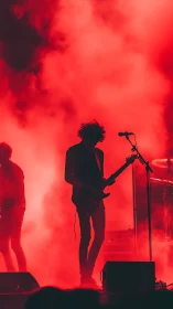 Silhouetted guitarist steps into vivid red stage smoke