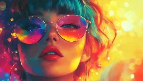Chromatic portrait of woman in neon bokeh sunglasses glow.