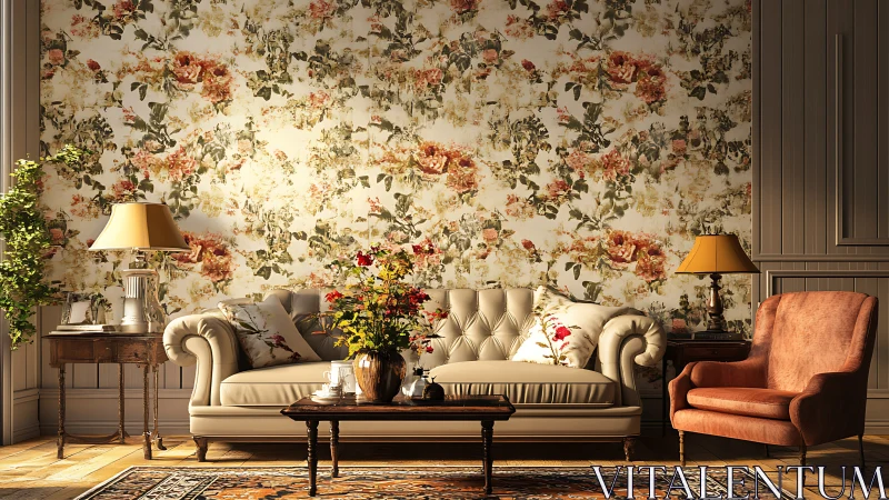 Floral wallpaper living room with classic sofa and armchair.