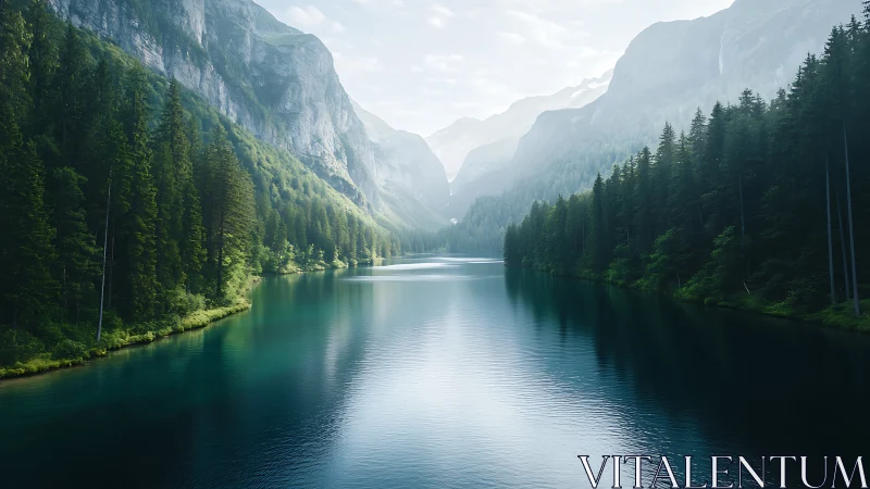 Misty alpine lake rests between towering pine-clad mountains