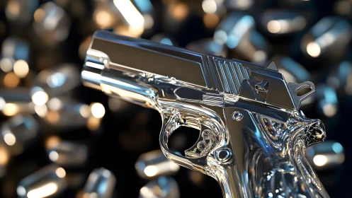 Transparent crystal handgun with reflective surface in modern art style.