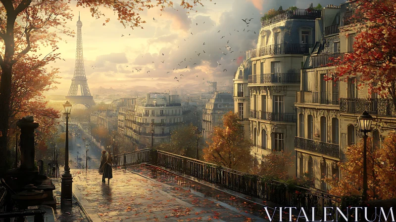 Autumn hush over Parisian streets beneath a glowing Eiffel dusk.